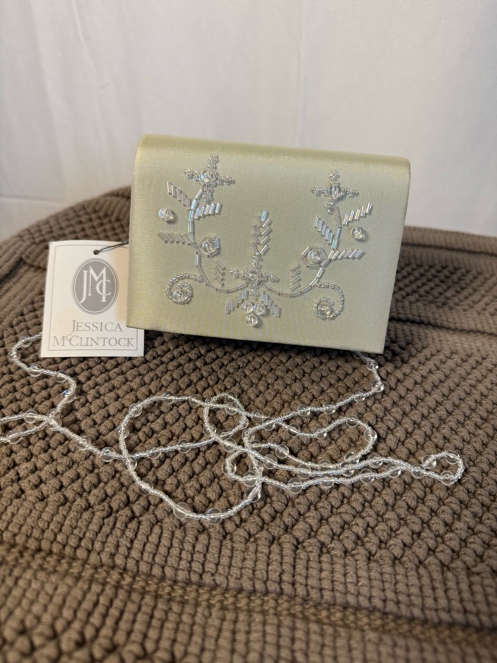 NWT Vintage Y2K Jessica McClintock Mini Pale Green/Ivory Beaded Evening Clutch